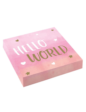 16 růžových a zlatých papírových ubrousků hello world 33 x 33 cm pro miminko