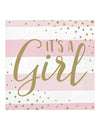Serviettes en papier it's a girl pour baby shower rose et blanc avec pois dorés
