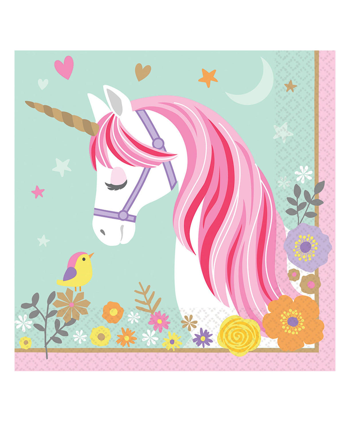 Serviettes en papier jolie licorne magique pour enfant rose et menthe