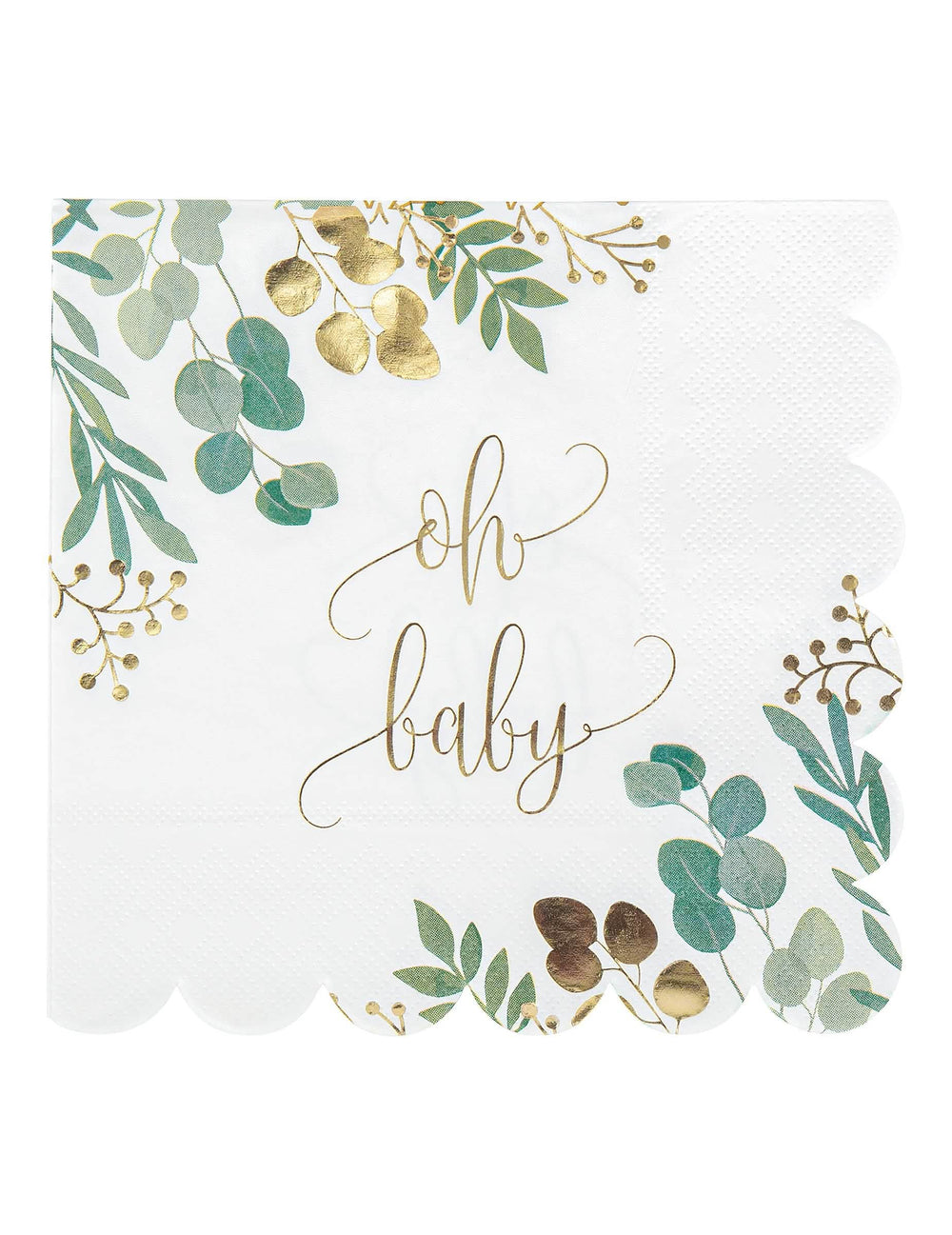 papírové ubrousky Oh Baby Eucalyptus pro baby shower s pozlacením a vroubkovanými okraji