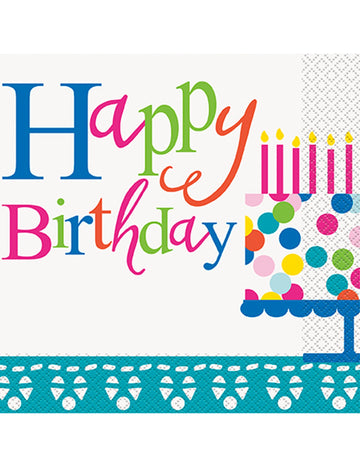 16 papírových ubrousků Happy Birthday tyrkysové s motivem dortu 33 cm 