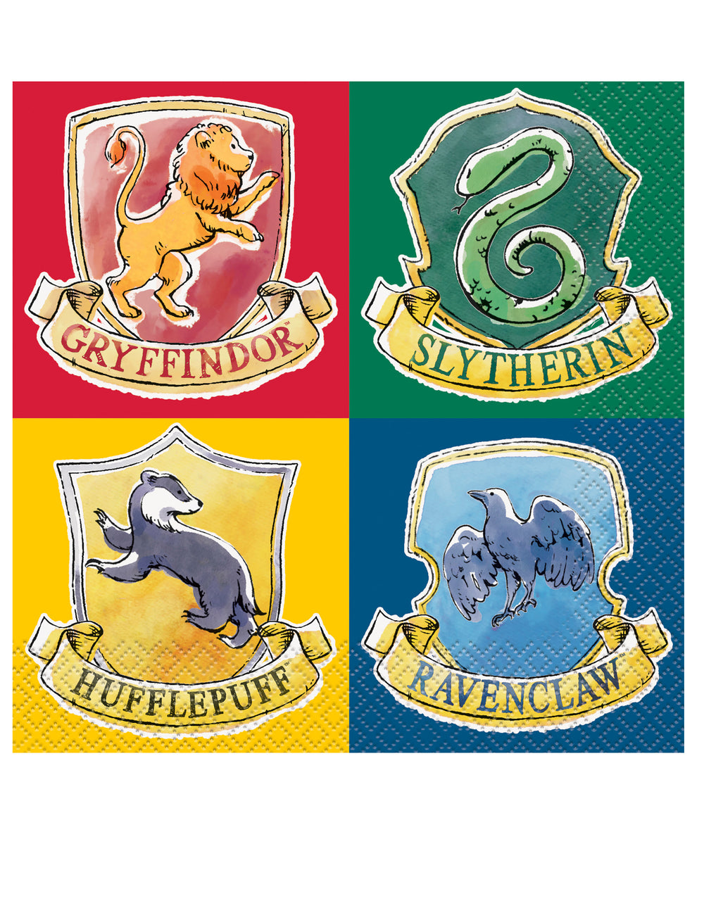 Serviettes Harry Potter pour fête multicolore avec blasons des maisons de Poudlard