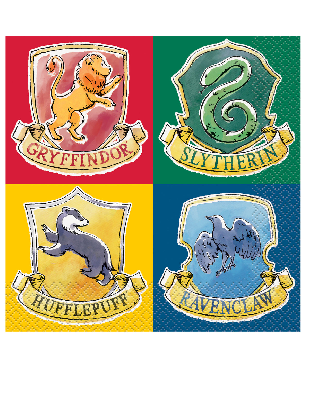 Serviettes Harry Potter pour fête multicolore avec blasons des maisons de Poudlard