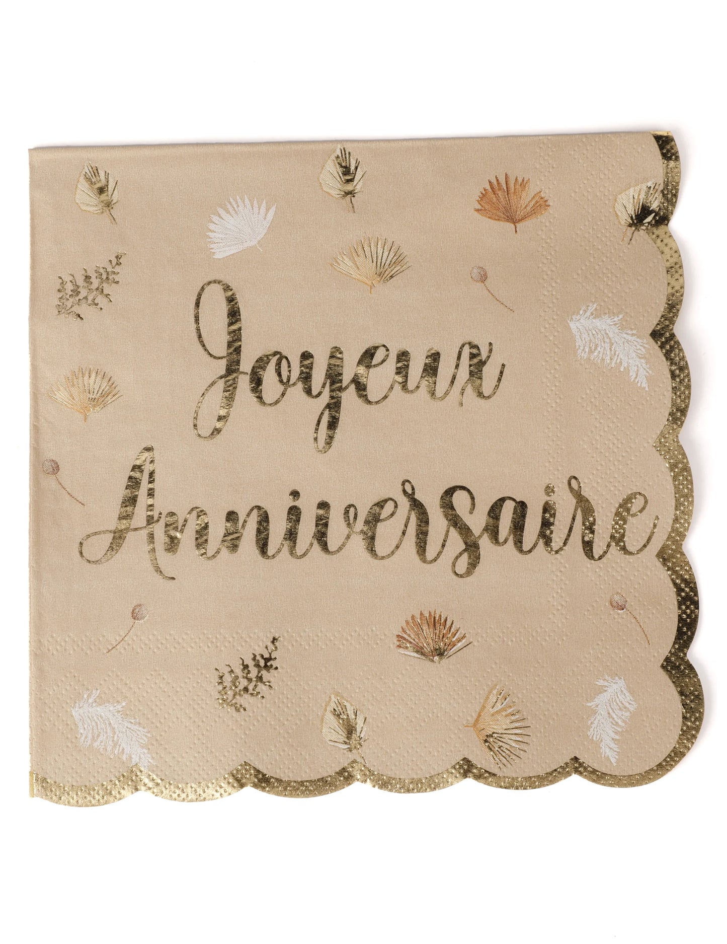 Serviettes joyeux anniversaire boho blush et or festonnées