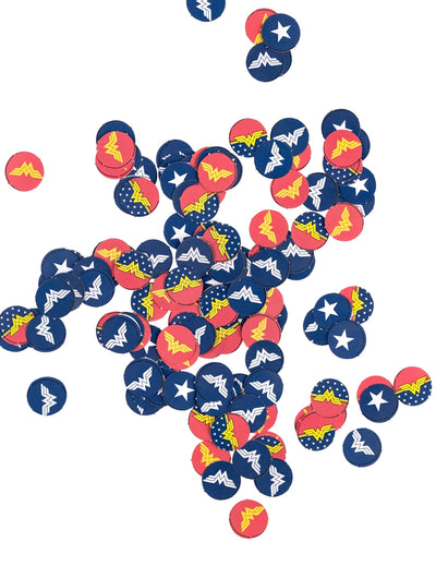 Confettis Wonder Woman™ pour fête bleu rouge et jaune avec logo et étoiles