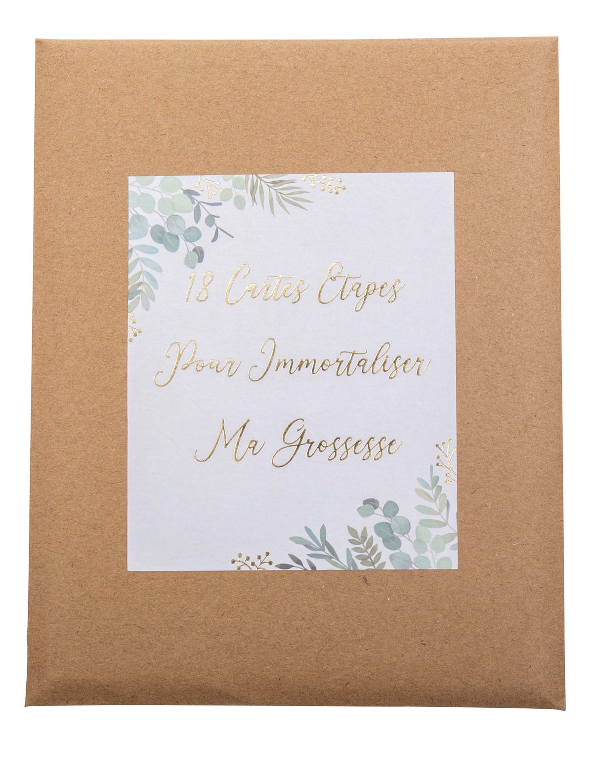 18 cartes étapes de grossesse oh baby pour femme enceinte en pochette liège à motifs eucalyptus