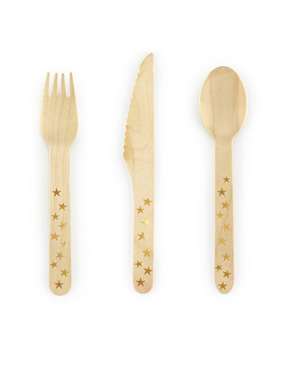 18 dřevěné příbory zlaté hvězdy 16 cm, jednorázové nádobí