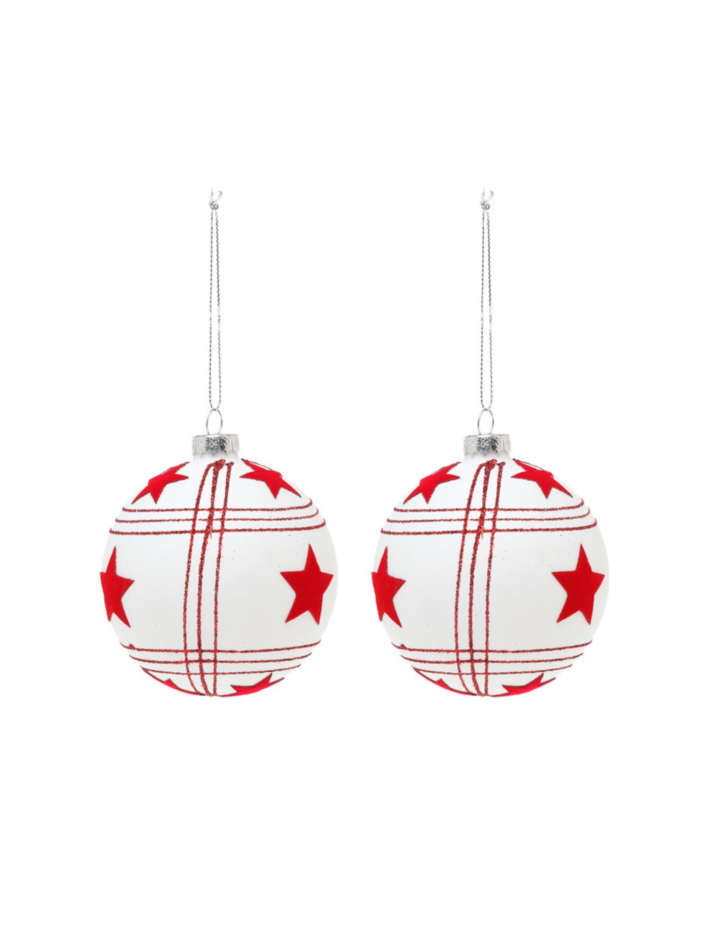 2 bílé skleněné koule s červenými hvězdami 8 cm 