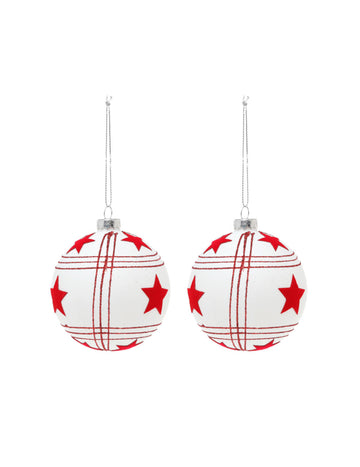 2 bílé skleněné koule s červenými hvězdami 8 cm 