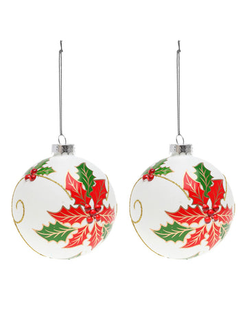 2 bílé skleněné kuličky s cesmínou 8 cm pro jedle