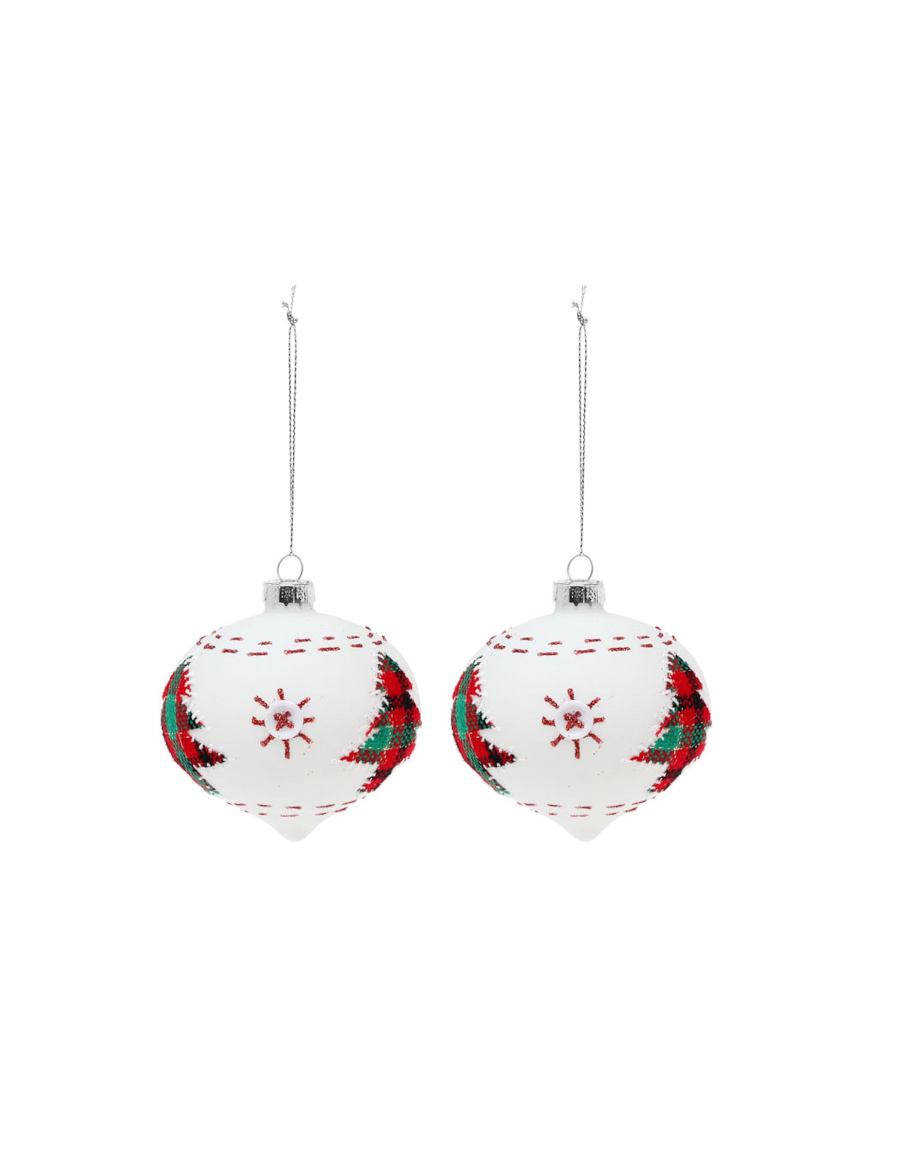 Boules en verre avec sapins pour décoration de Noël blanches avec motifs écossais rouges et verts