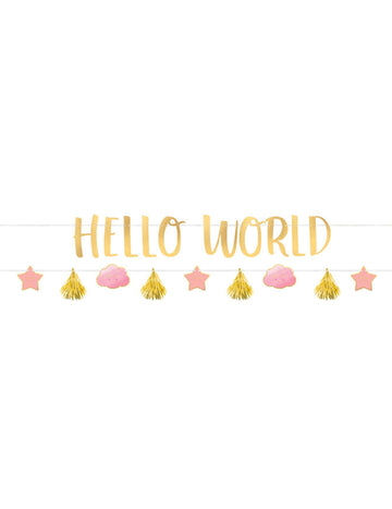 2 růžové a zlaté kartonové girlandy hello world 1,77 m pro miminko