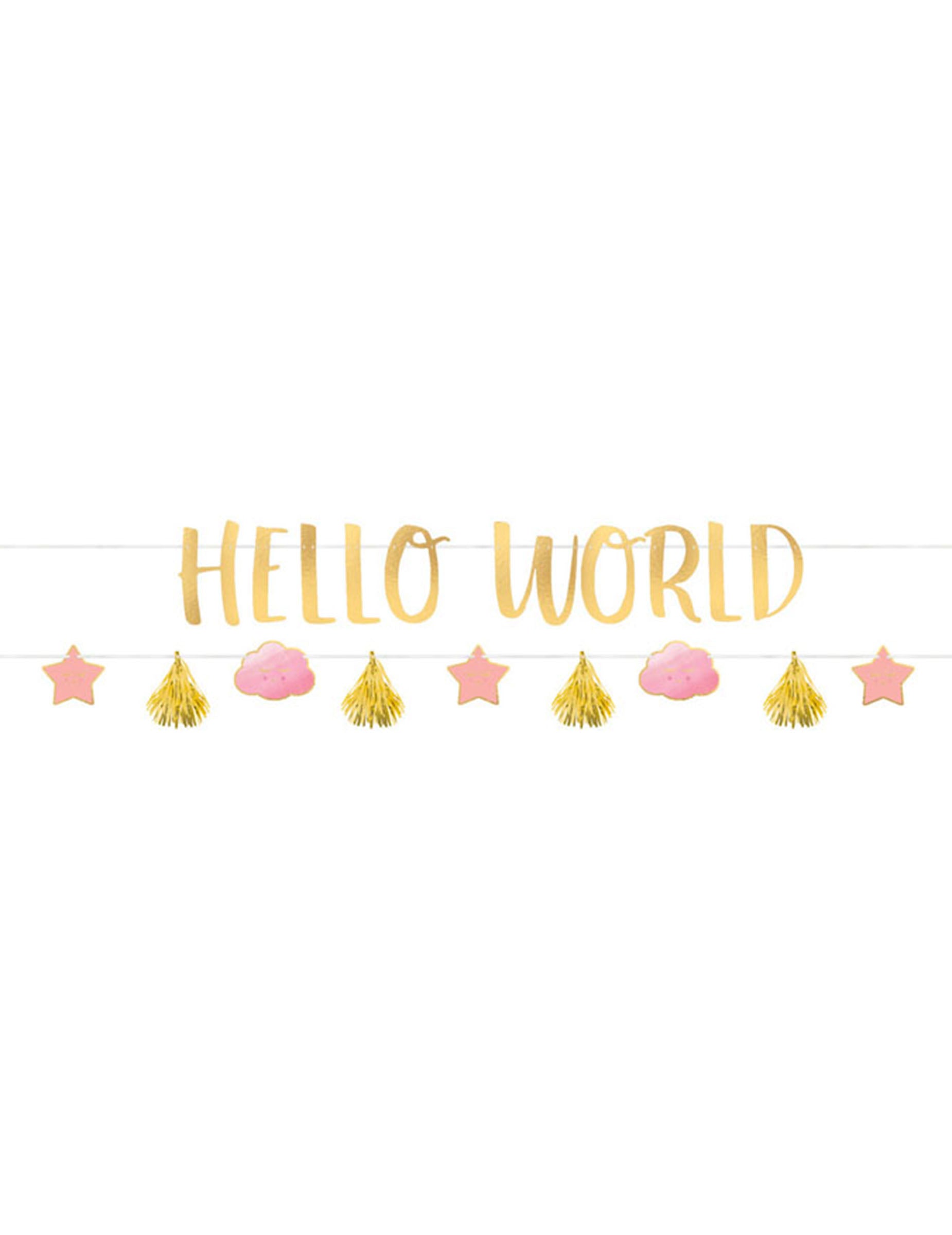 Guirlandes en carton Hello World pour baby shower rose et or