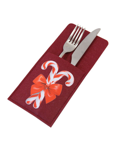 Pochettes porte-couverts en feutrine sucre d'orge pour table rouge et blanc