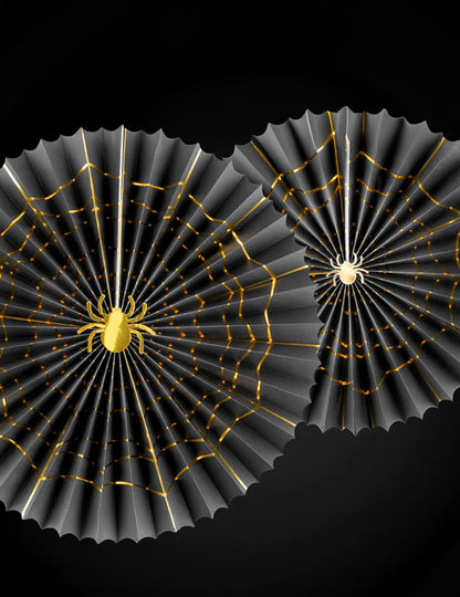 2 ozdobné černé a zlaté pavoučí papírové rozety 32 a 40 cm na halloween