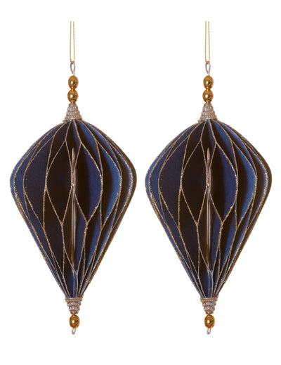 2 suspensions origami losanges pour décoration bleus et or