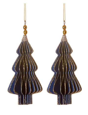 2 origami modré a zlaté jedle přívěsky 13 cm