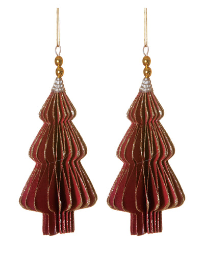 2 suspensions origami sapins rouges aux bords dorés