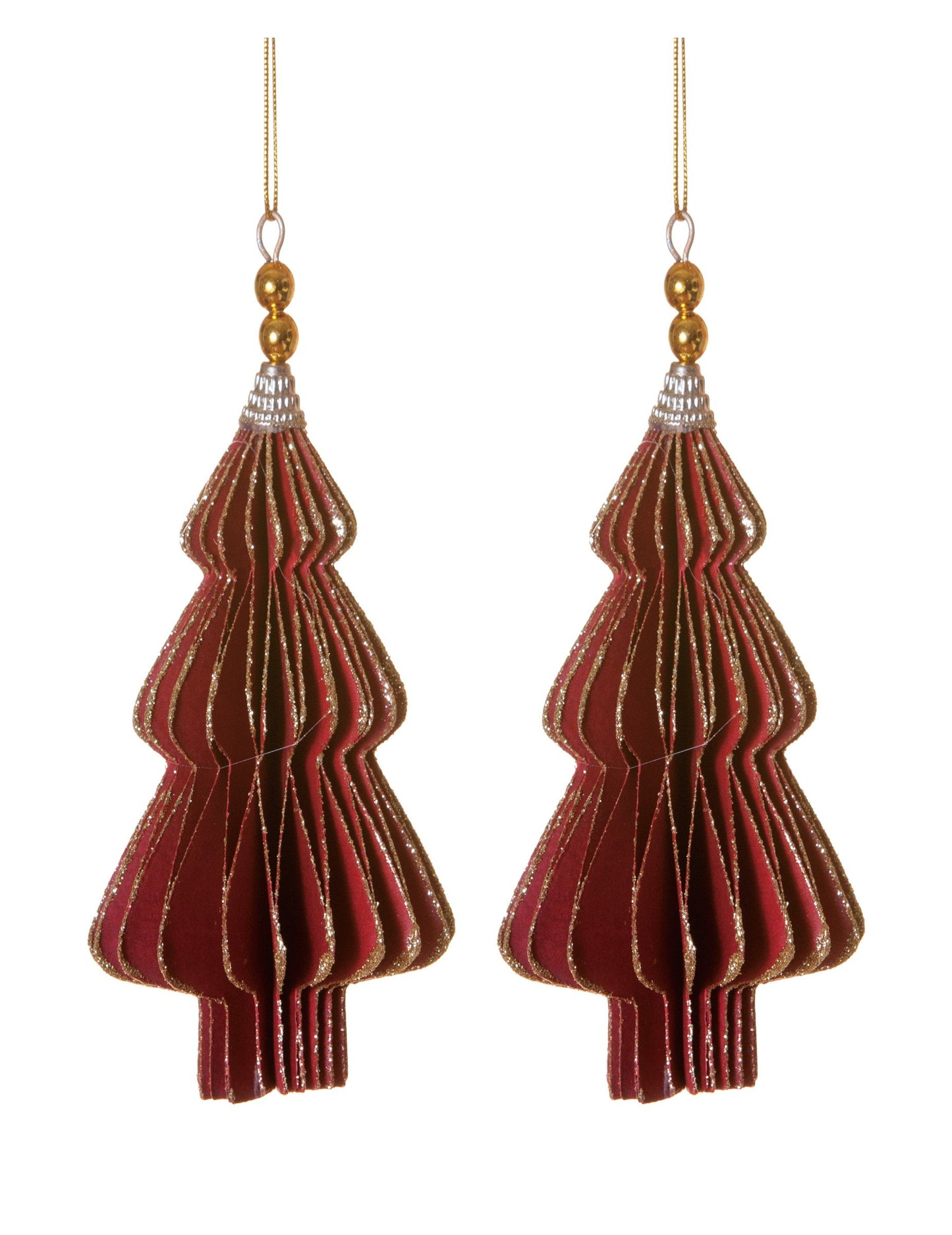 2 závěsy origami červené jedle 13 cm se zlatými okraji
