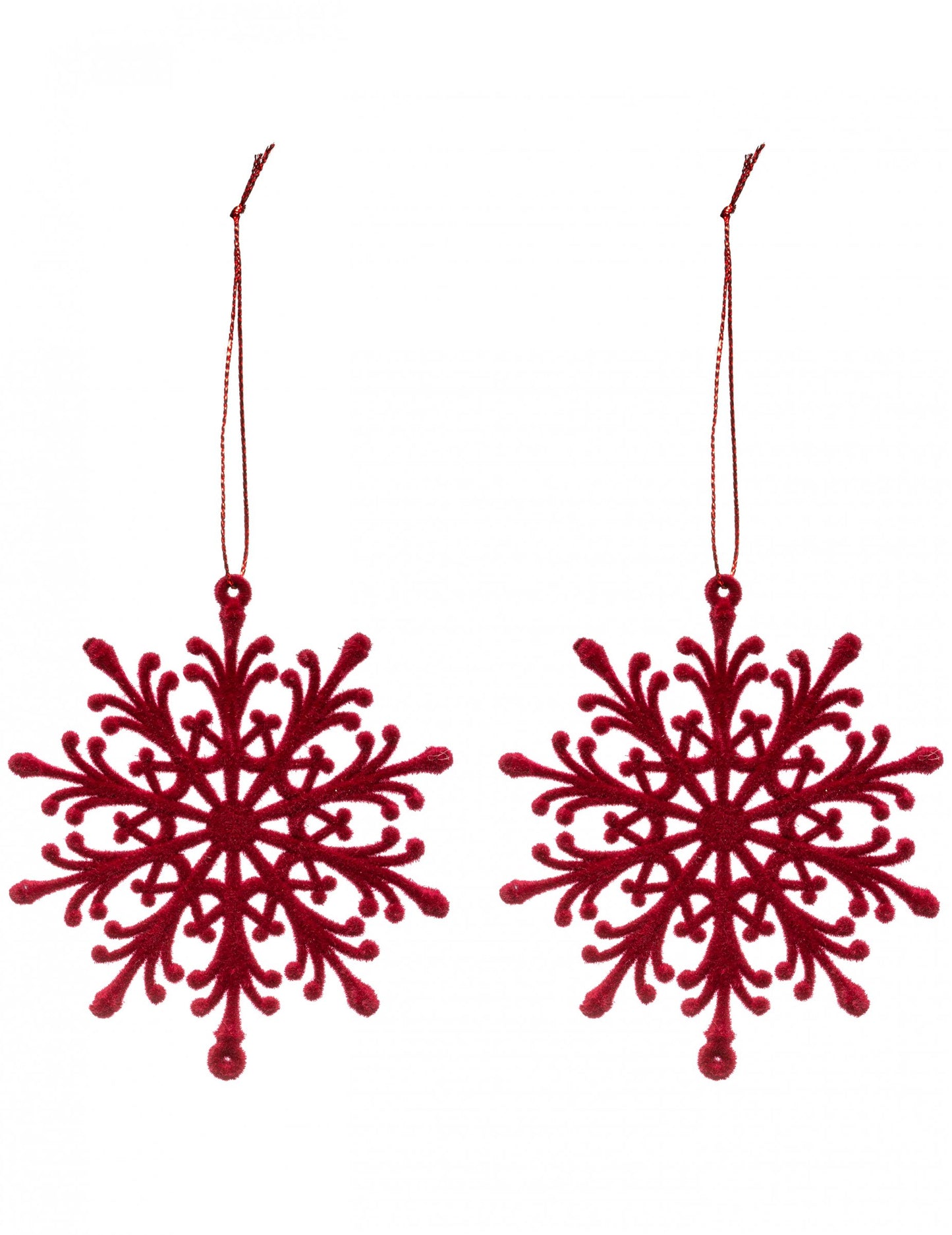 2 červené sametové sněhové vločky 9.5 cm pro vánoční stromeček