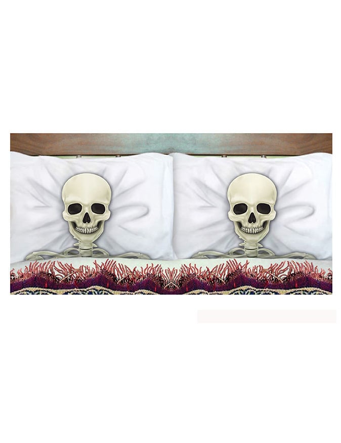 Taies d'oreiller squelette Halloween blanches avec motif crâne