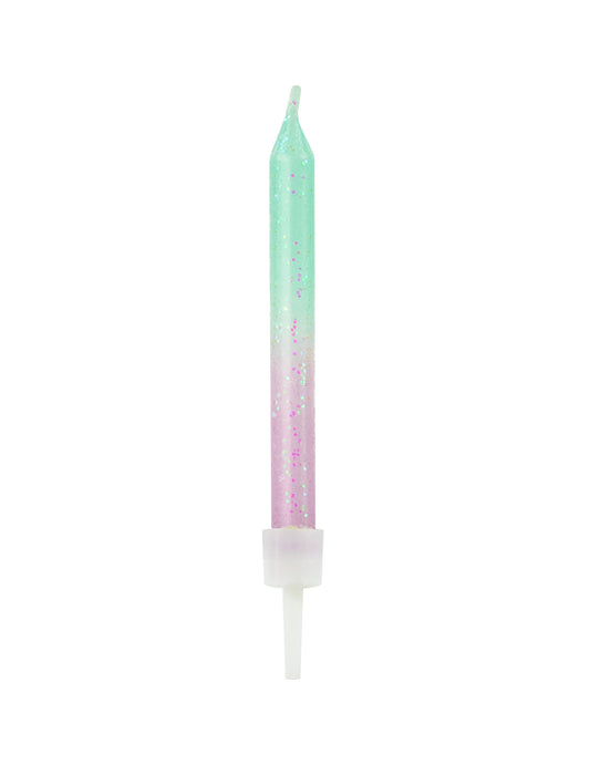 Bougies d'anniversaire iridescentes dégradé vert et rose pailleté