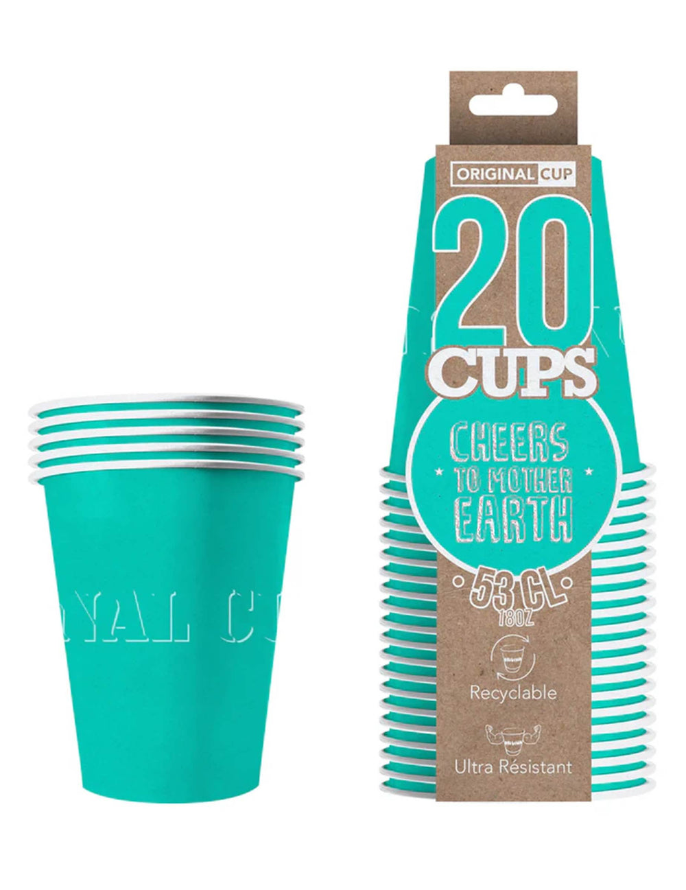 Vue d'ensemble avec emballage des gobelets américains en carton recyclable pour fête turquoise