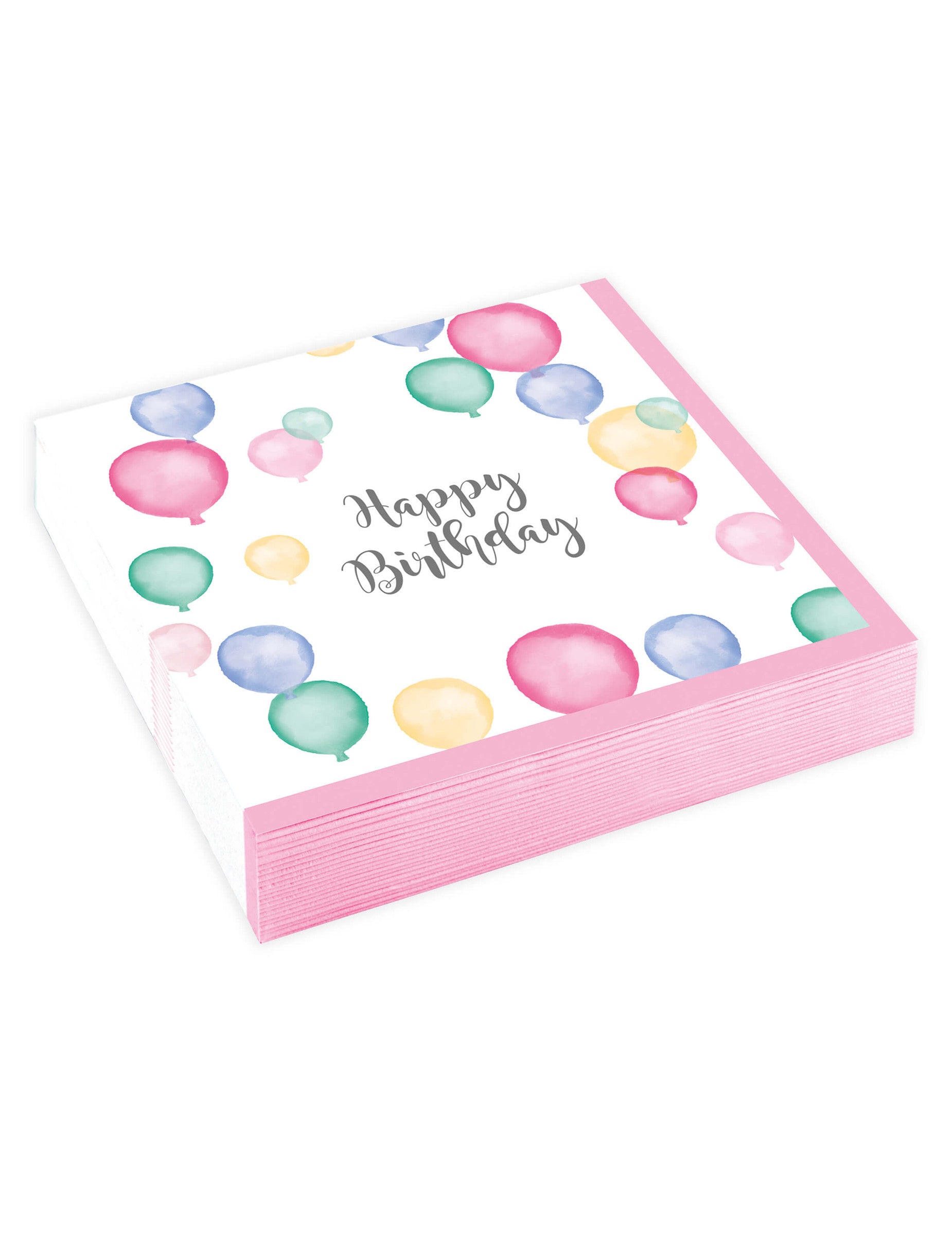 Serviettes en papier Happy Birthday ballons pastel pour fête blanches et roses à motifs aquarelle