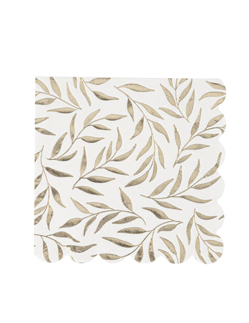 20 bílých a zlatých papírových koktejlových ubrousků se vzorem vroubkovaného listí