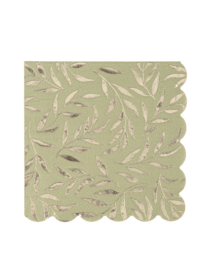 20 šalvějových zelených a zlatých papírových koktejlových ubrousků 24 x 24 cm s vroubkovanými okraji