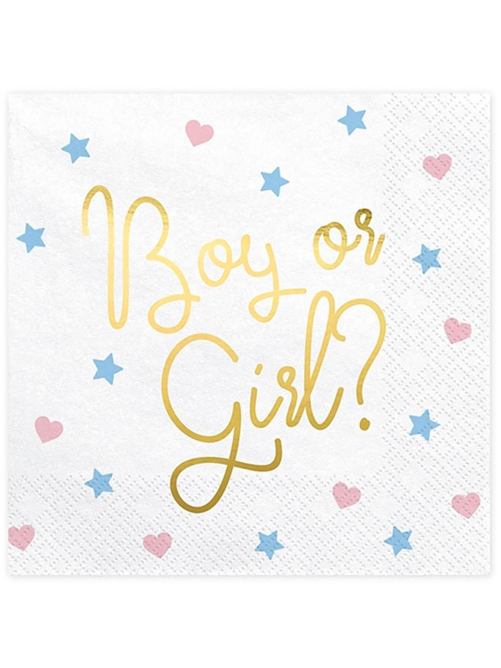 papírové ubrousky Boy or Girl pro baby shower bílé s nápisy zlatá srdce a hvězdy