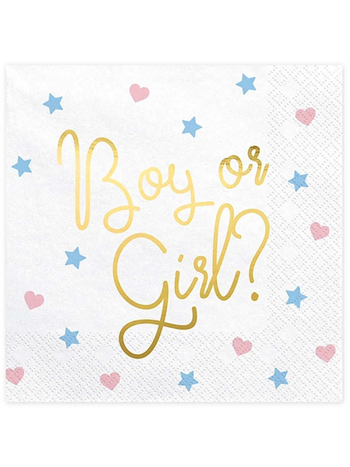 papírové ubrousky Boy or Girl pro baby shower bílé s nápisy zlatá srdce a hvězdy