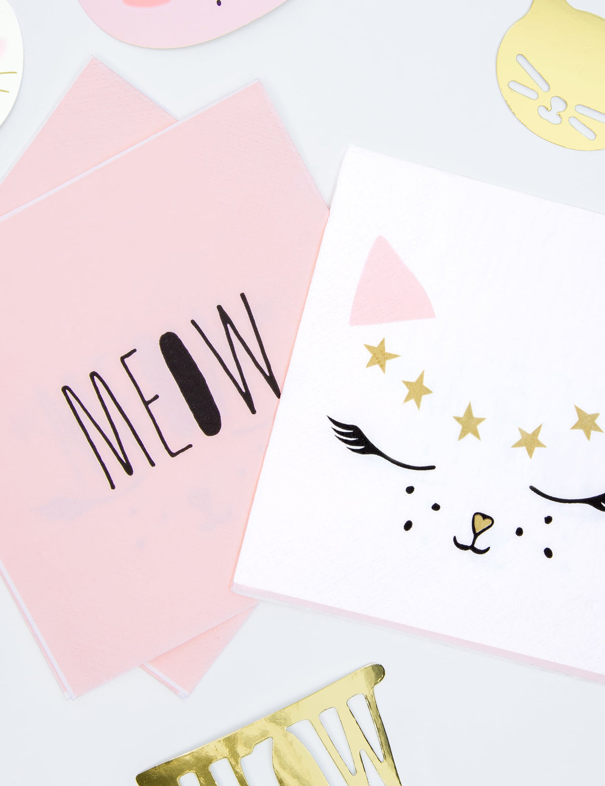 Serviettes en papier chaton blanc et rose avec détails dorés