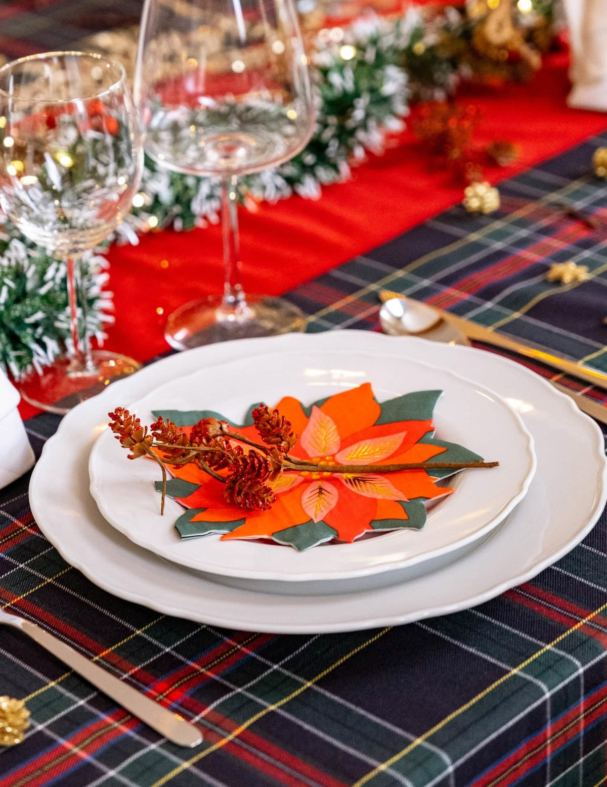 Detail na talíř s papírovým ubrouskem s vánoce poinsettií květina