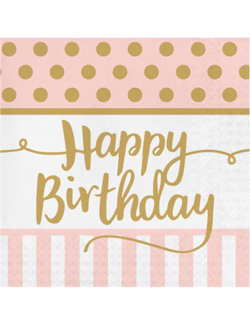 20 růžových a zlatých papírových ubrousků k narozeninám 33 x 33 cm k narozeninám