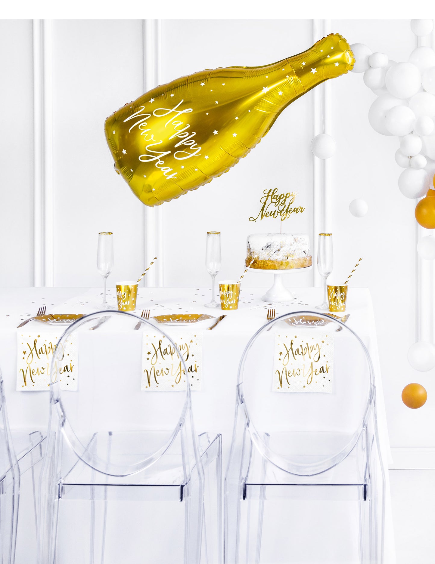 20 bílých a zlatých papírových ubrousků pro šťastný nový rok 33 x 33 cm s hvězdami