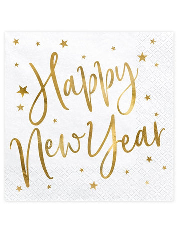 20 bílých a zlatých papírových ubrousků pro šťastný nový rok 33 x 33 cm s hvězdami