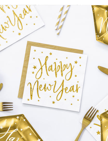 20 bílých a zlatých papírových ubrousků pro šťastný nový rok 33 x 33 cm s hvězdami
