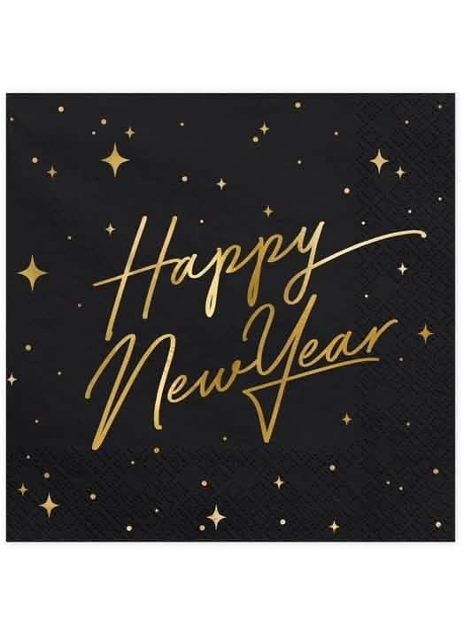 papírové ubrousky Happy New Year černé a zlaté s hvězdným dekorem