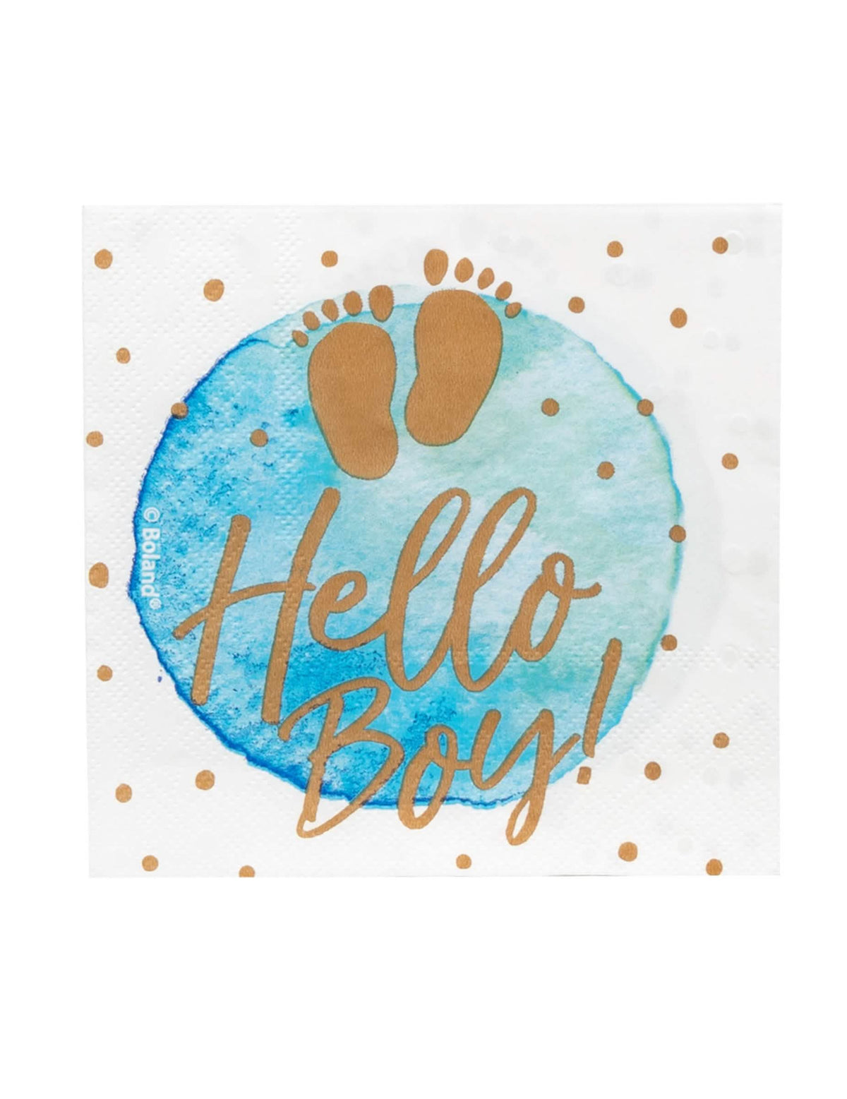 papírové ubrousky hello boy pro baby shower modrá a zlatá s otisky nožiček