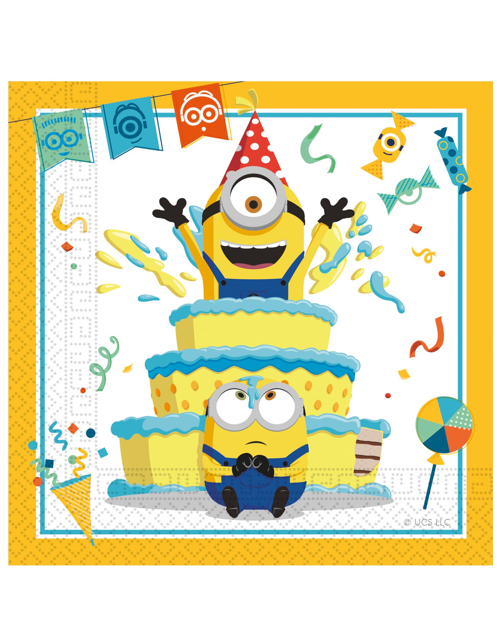 Serviettes en papier Minions jaune et bleu avec motif gâteau d'anniversaire
