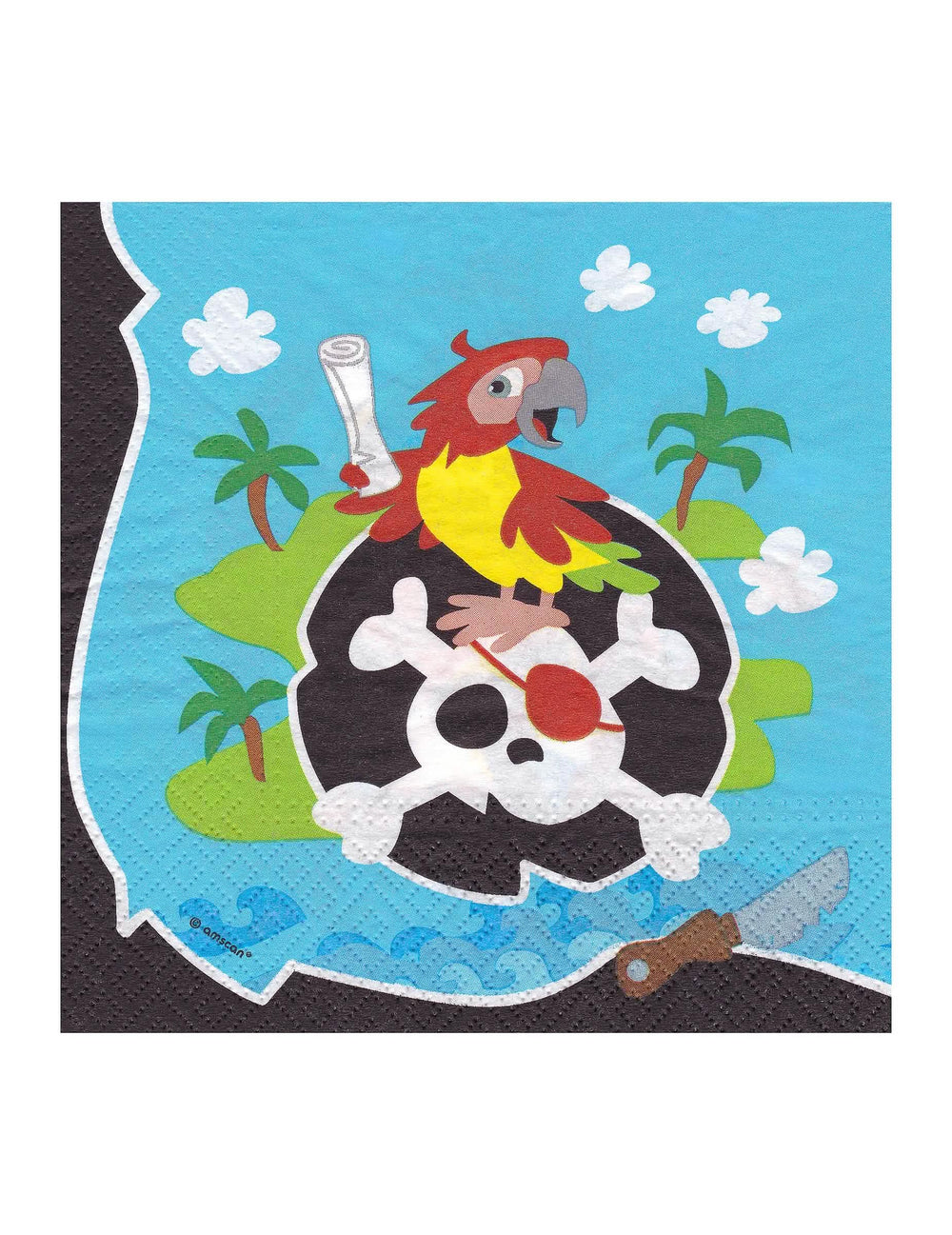 Detail ilustrace papouška na lebce na pirátských papírových ubrouscích pro narozeniny dítěte