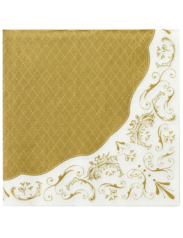 Serviettes en papier porcelaine motifs baroques pour fête blanc et or