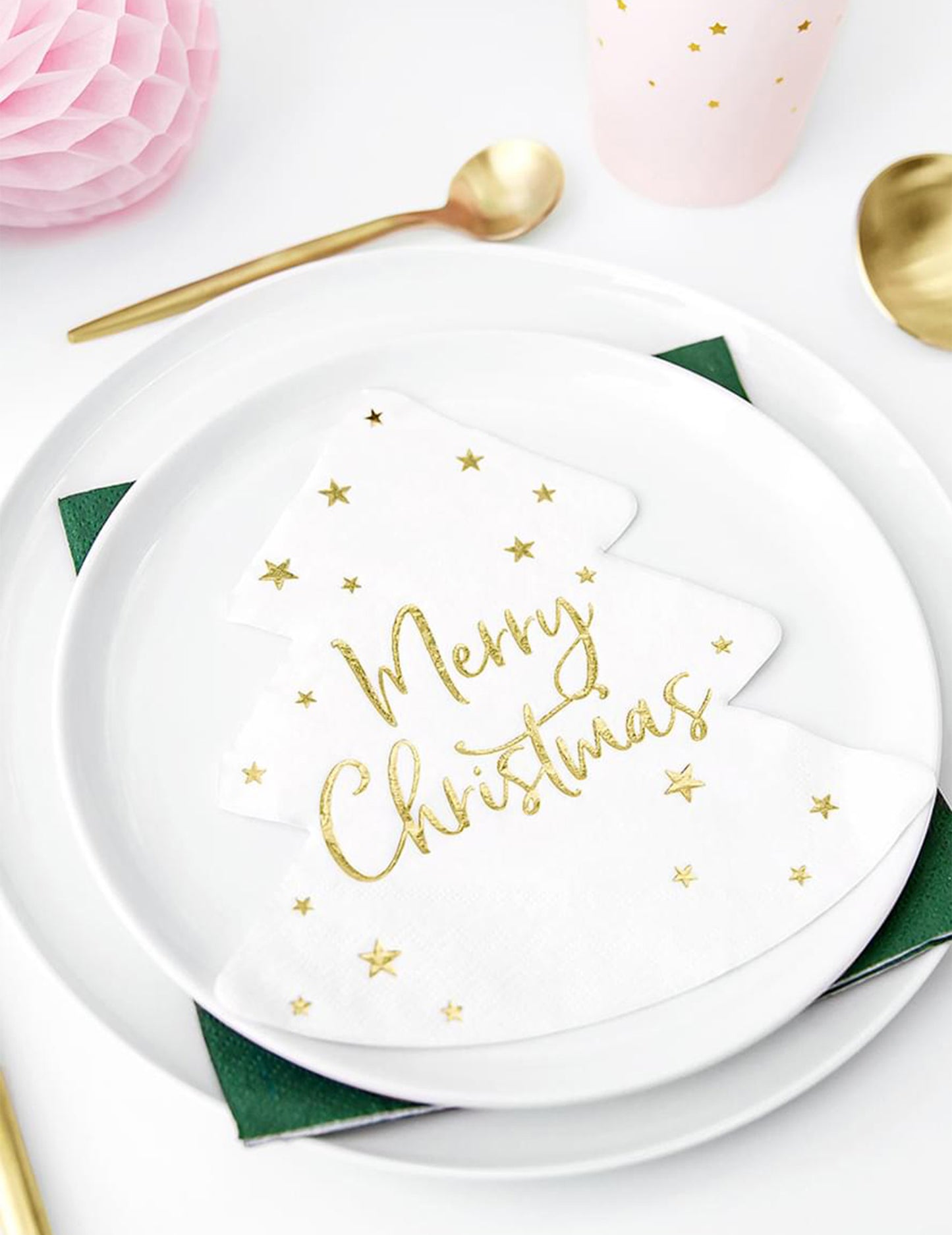 20 bílých a zlatých papírových ubrousků Veselé Vánoce 16.5 cm dekorativní