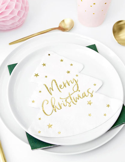 20 bílých a zlatých papírových ubrousků Veselé Vánoce 16.5 cm dekorativní