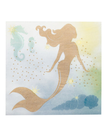 Serviettes en papier sirène pour enfant dorée et bleue