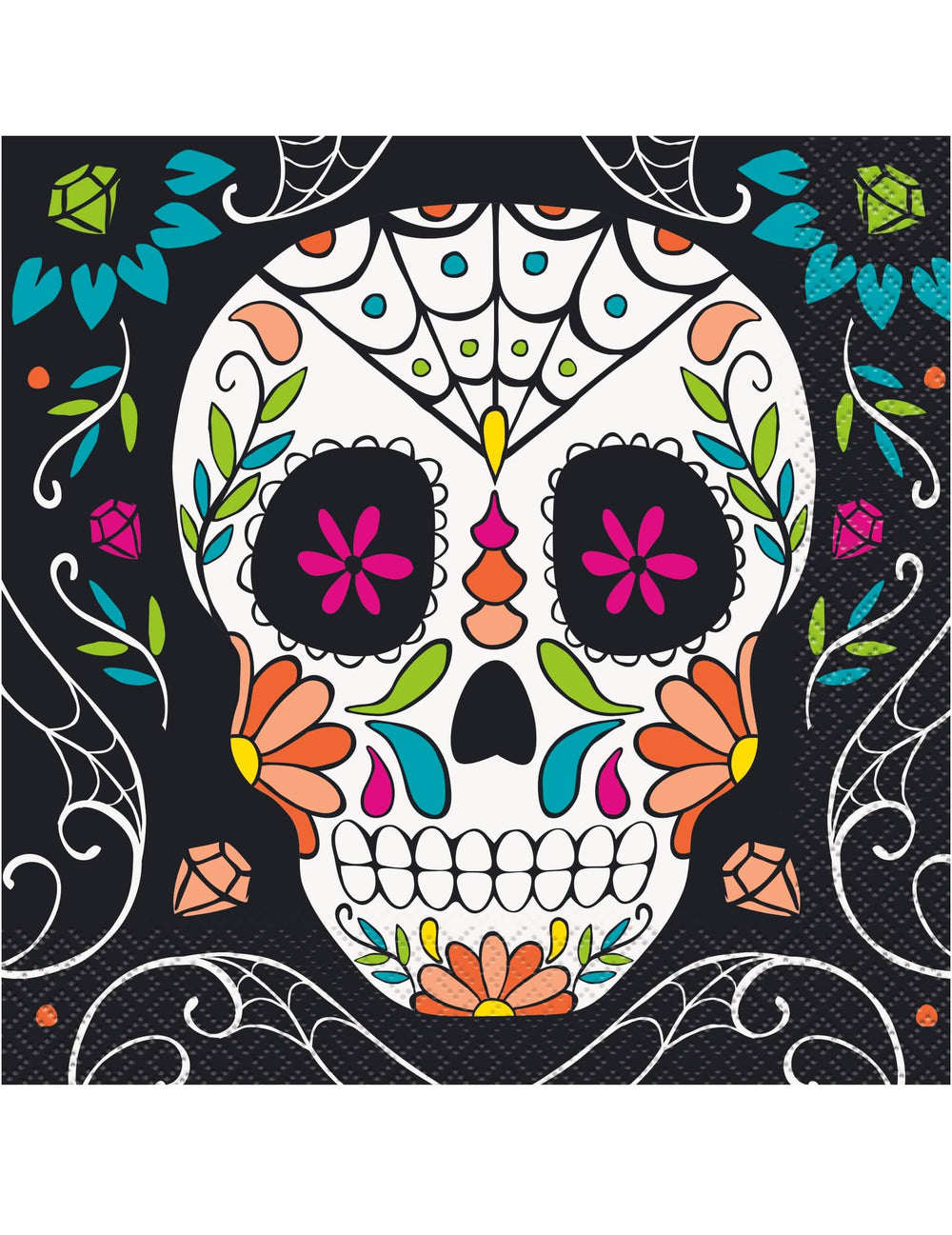 papírové ubrousky s motivem lebky Day of the Dead na párty vícebarevné na černám pozadí