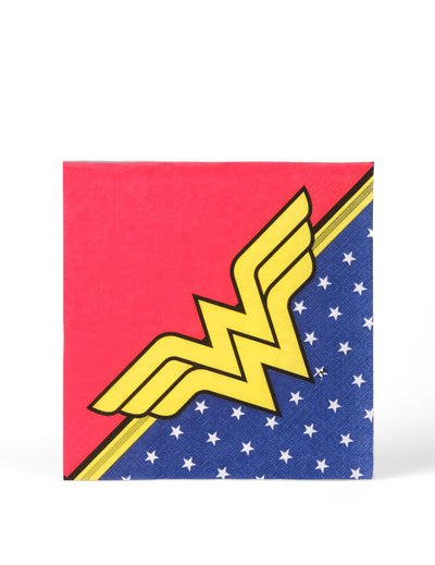 Serviettes en papier Wonder Woman rouge et bleue avec logo jaune et étoiles blanches