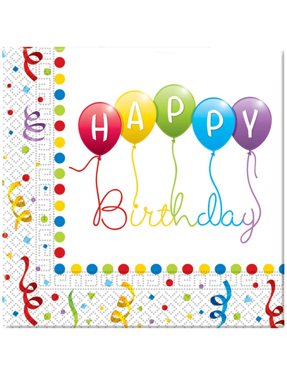 papírové ubrousky Happy Birthday pro slavnostní dekoraci v pestrých barvách s balónky a serpentiny