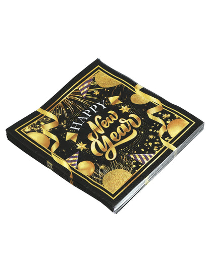 20 papírových ubrousků pro šťastný nový rok černé a zlaté 33 x 33 cm